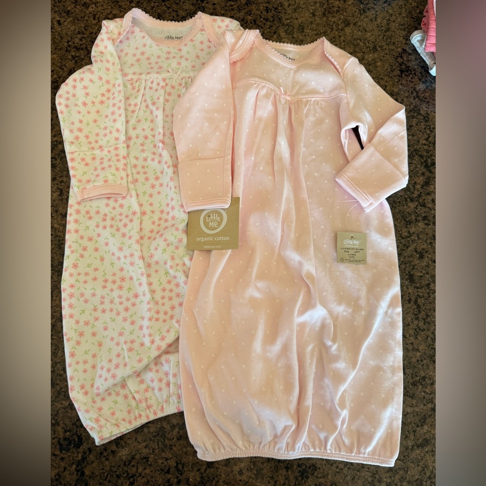 Little Me Pink Floral & Solid Organic Cotton Sleep Gowns - 2 Pack